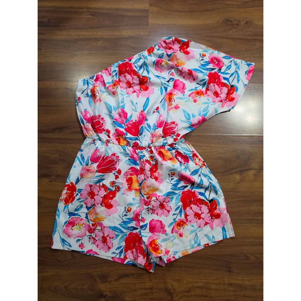 NWT SHEIN Romper Medium White Floral One Shoulder Elastic Waist Summer Playsuit